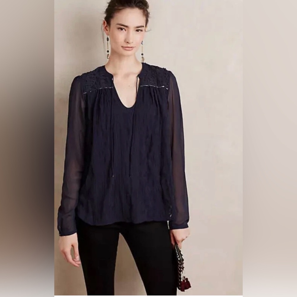 Tiny Paix Embroidered Peasant Top Size XS Navy Blue Anthropologie
